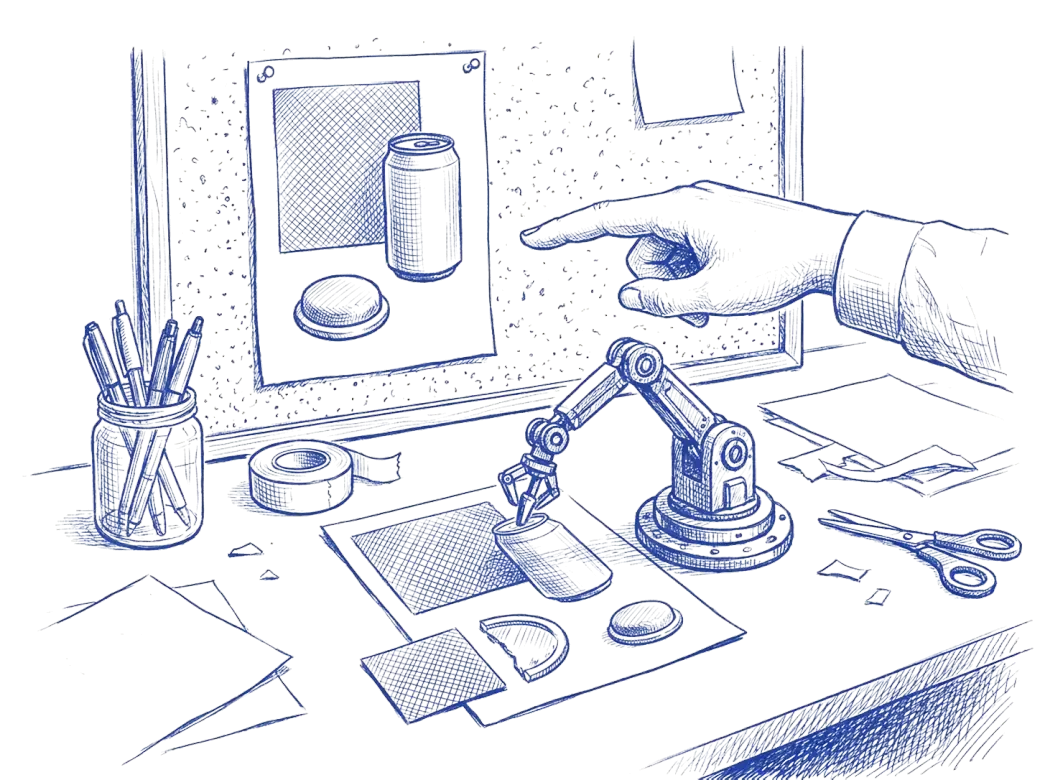 Blue ballpoint drawing of a robotic arm assembling a new ad from cut-out pieces beneath a pinned original