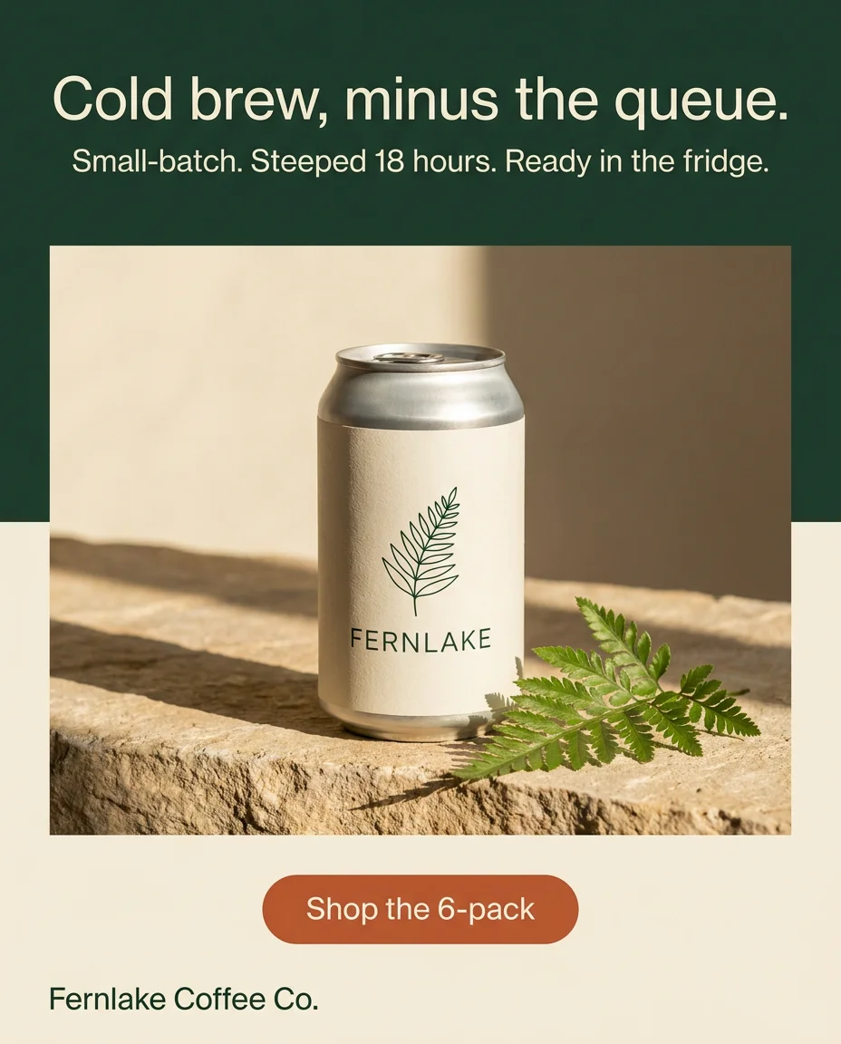 Feed ad for an invented brand, Fernlake Coffee Co.: a cream cold brew can on a stone ledge under the headline Cold brew, minus the queue, with a Shop the 6-pack button