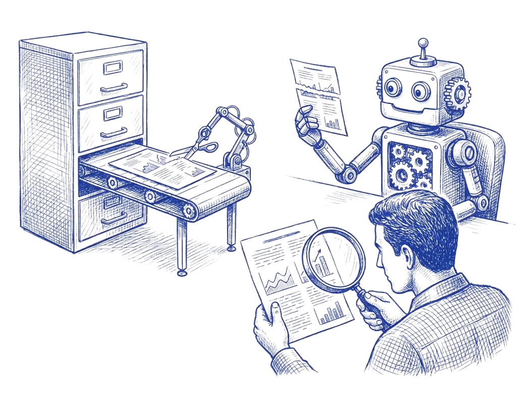 Blue ballpoint drawing of a page being snipped short on a conveyor before it reaches a robot reader