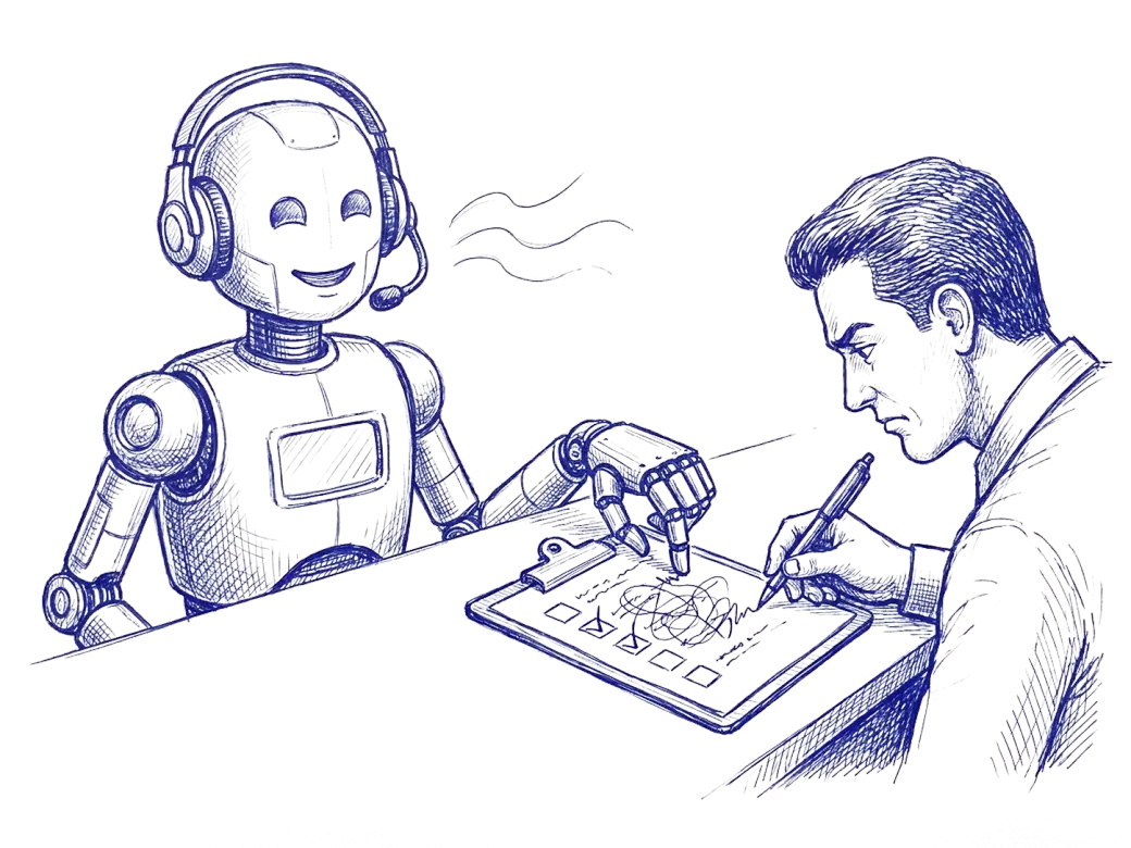 Blue ballpoint drawing of a smiling robot on a phone headset while a person frowns at the form its mechanical hand is filling in