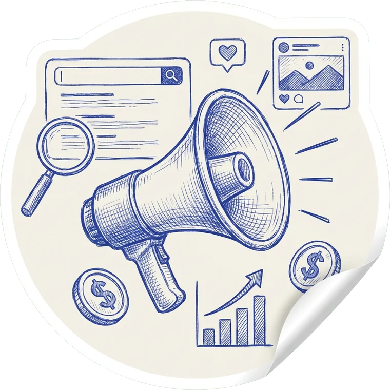 Blue biro sticker of a megaphone surrounded by a search result, a social ad, a rising bar chart and coins