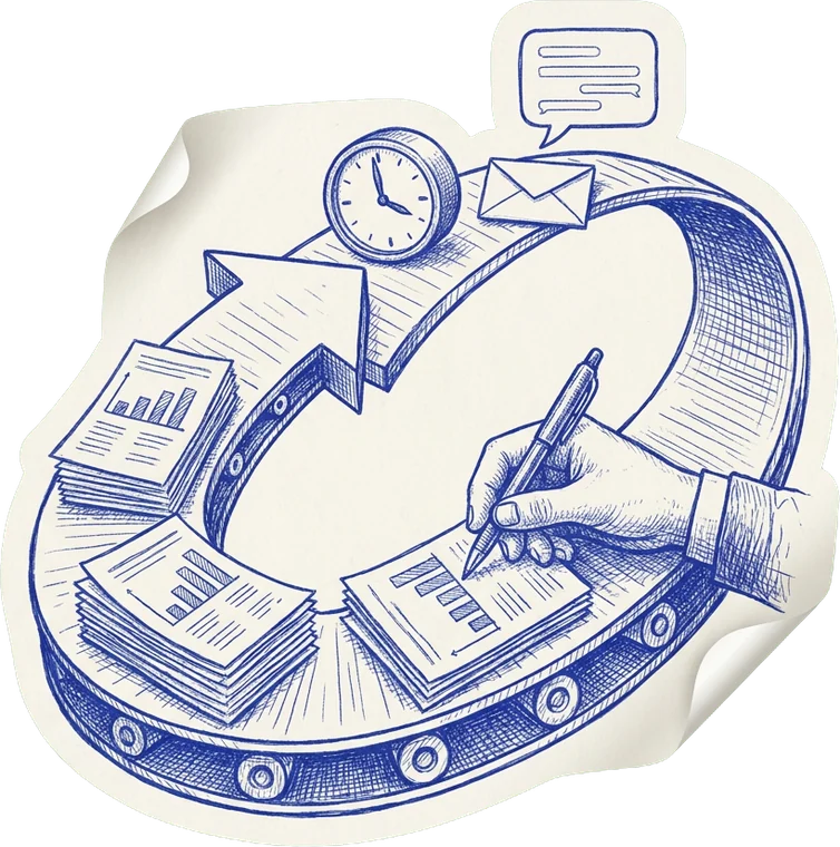 Blue biro sticker of a looping conveyor carrying the same report round again, a hand copying figures from one sheet to the next